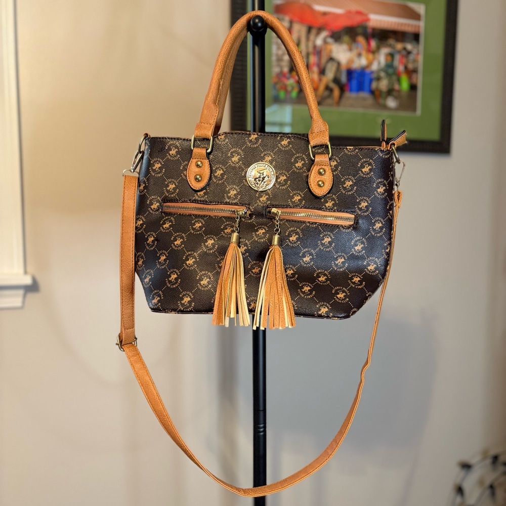 Beverly Hills Polo Club Brown & Tan Tote Bag with Polo Players on Horses Pattern